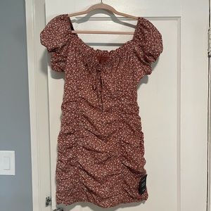 Burnt red floral ruched mini dress from Lulus